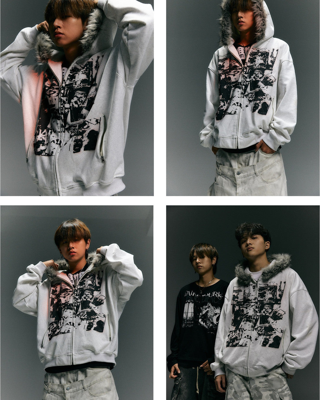 Rock Collage Plush-Hood Zip Hoodie worn on model, image 01