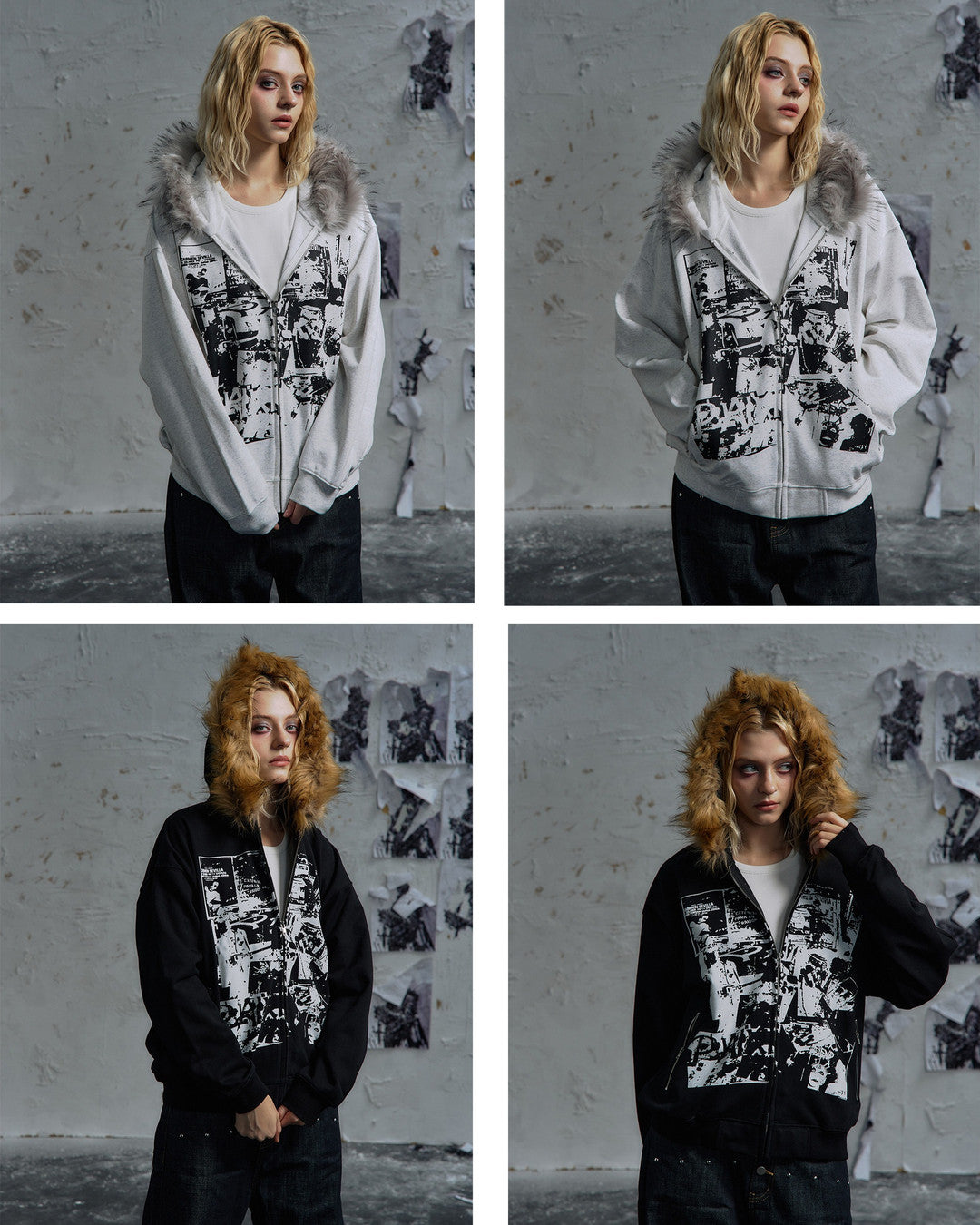 Rock Collage Plush-Hood Zip Hoodie worn on model, image 02