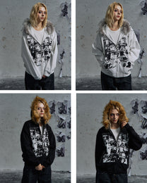 Rock Collage Plush-Hood Zip Hoodie worn on model, image 02