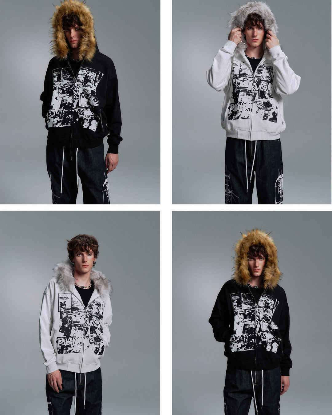 Rock Collage Plush-Hood Zip Hoodie worn on model, image 03