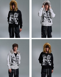 Rock Collage Plush-Hood Zip Hoodie worn on model, image 03