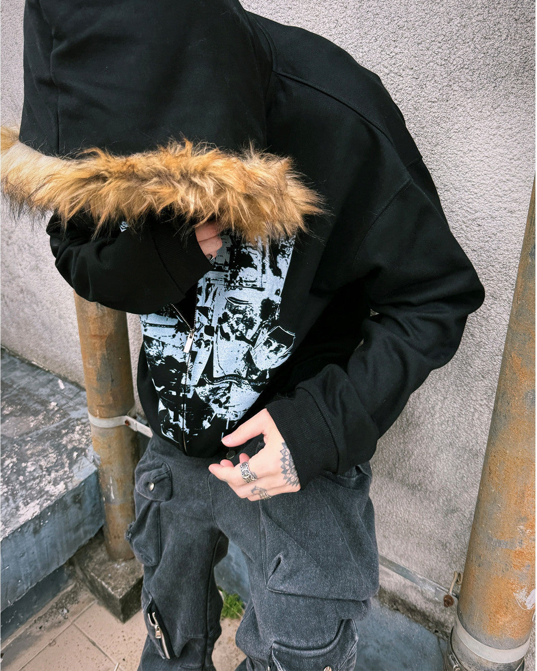 Rock Collage Plush-Hood Zip Hoodie worn on model, image 04