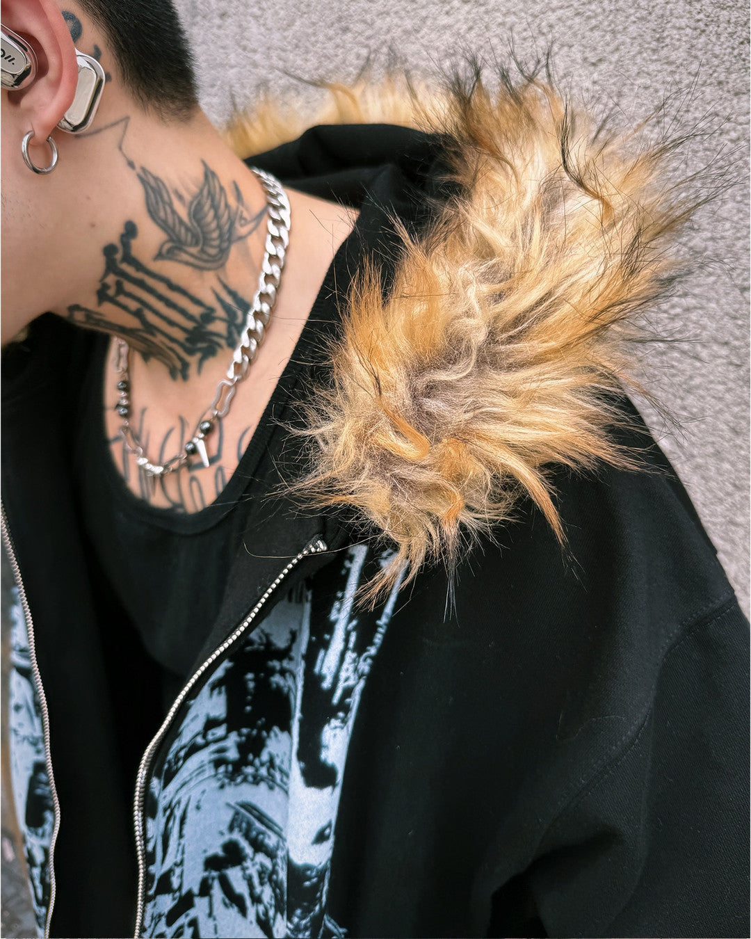 Rock Collage Plush-Hood Zip Hoodie worn on model, image 06
