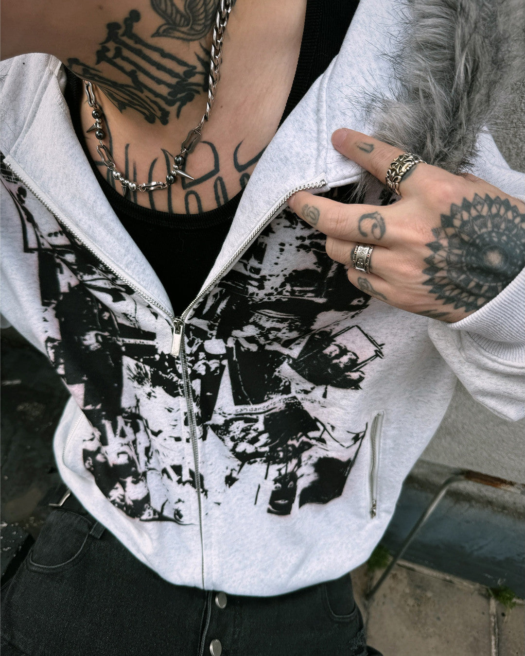 Rock Collage Plush-Hood Zip Hoodie worn on model, image 09