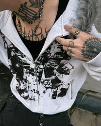 Rock Collage Plush-Hood Zip Hoodie worn on model, image 09