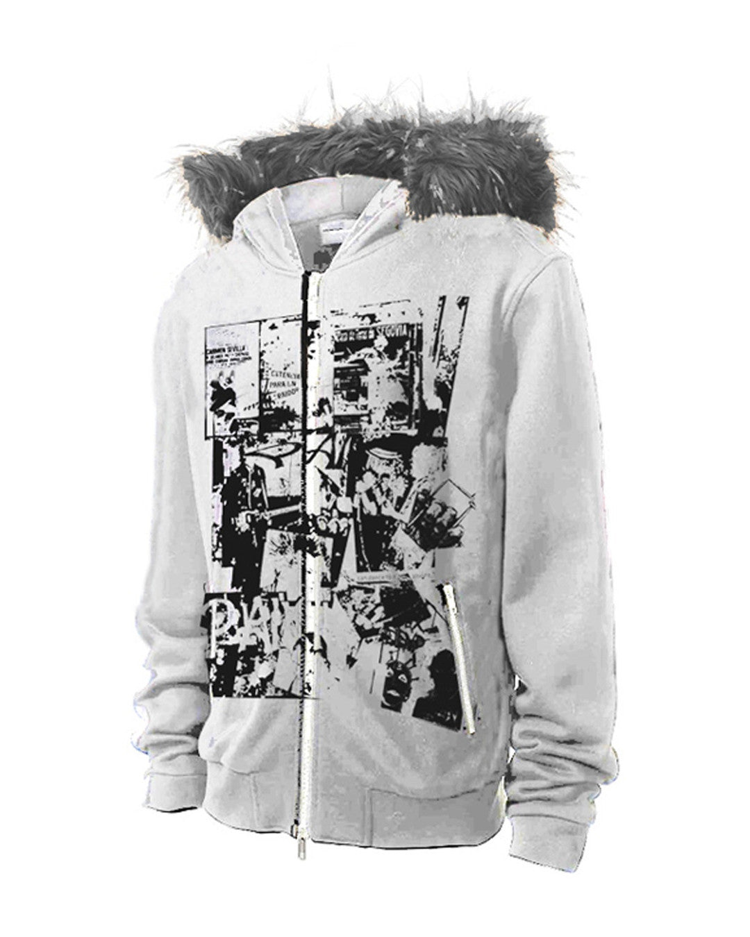 Rock Collage Plush-Hood Zip Hoodie, Gray product view on white background