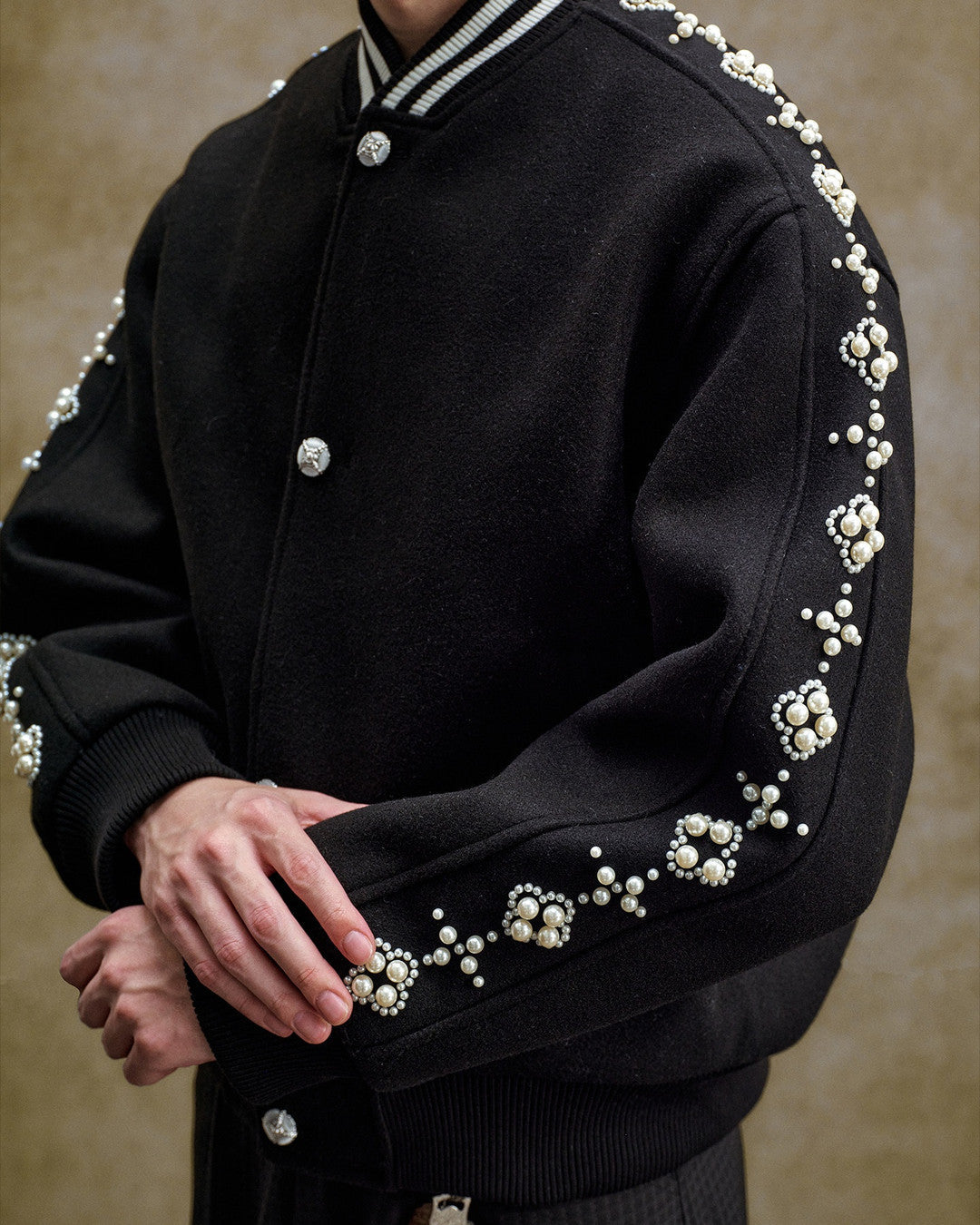 Pearl-Effect Beaded Varsity Jacket worn on model, image 01