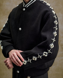 Pearl-Effect Beaded Varsity Jacket worn on model, image 01