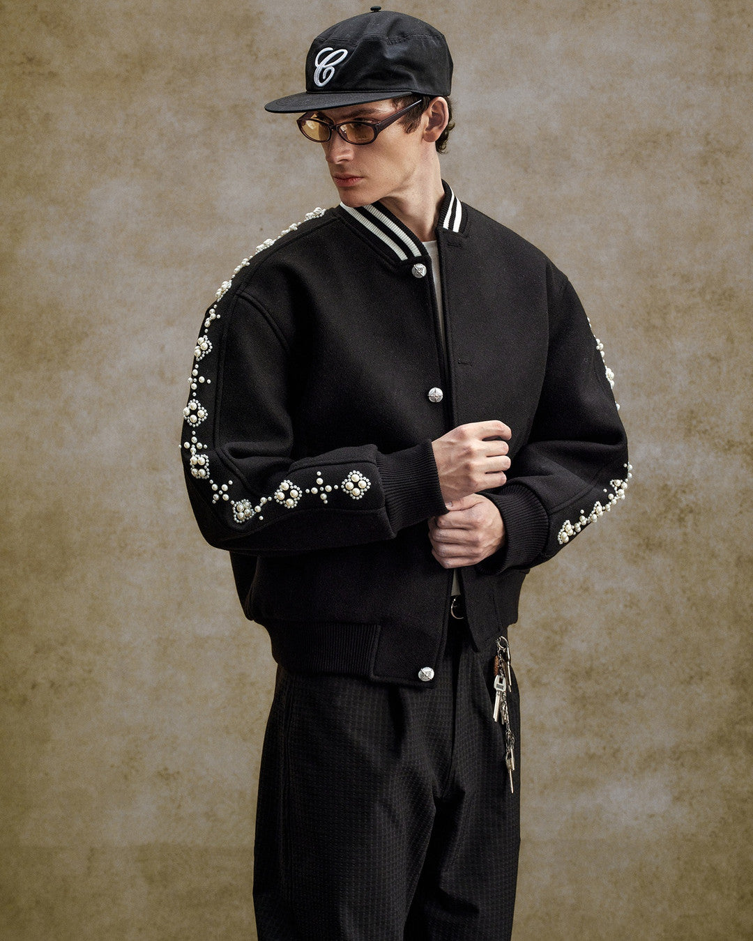 Pearl-Effect Beaded Varsity Jacket worn on model, image 02