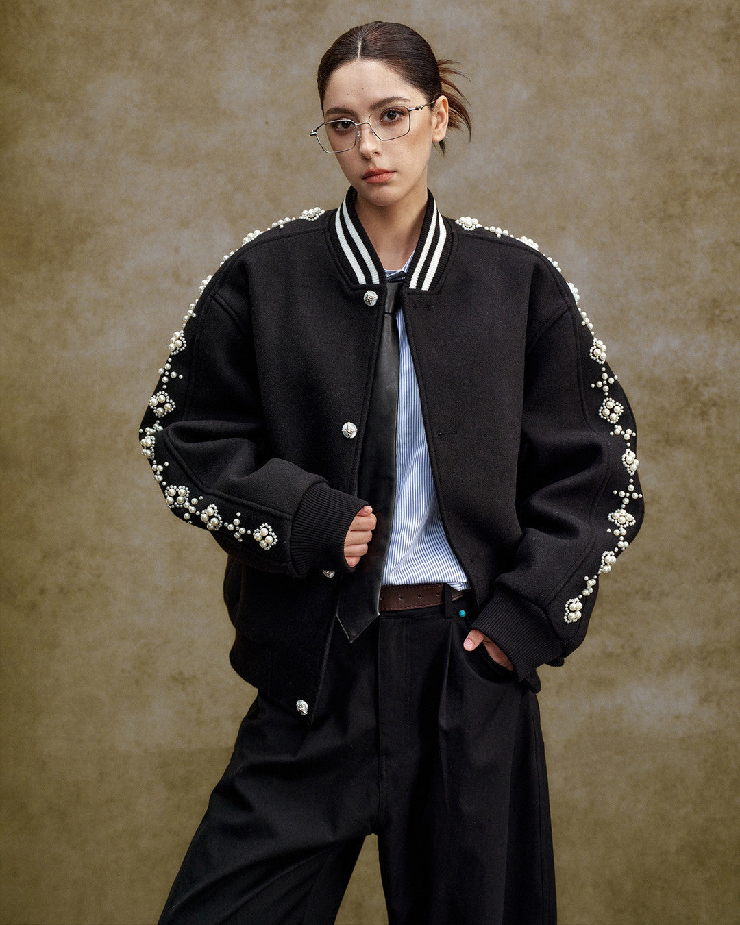 Pearl-Effect Beaded Varsity Jacket worn on model, image 03
