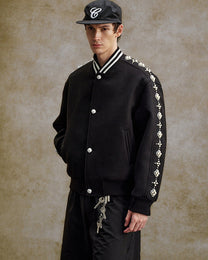 Pearl-Effect Beaded Varsity Jacket worn on model, image 05