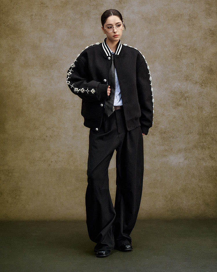 Pearl-Effect Beaded Varsity Jacket worn on model, image 06