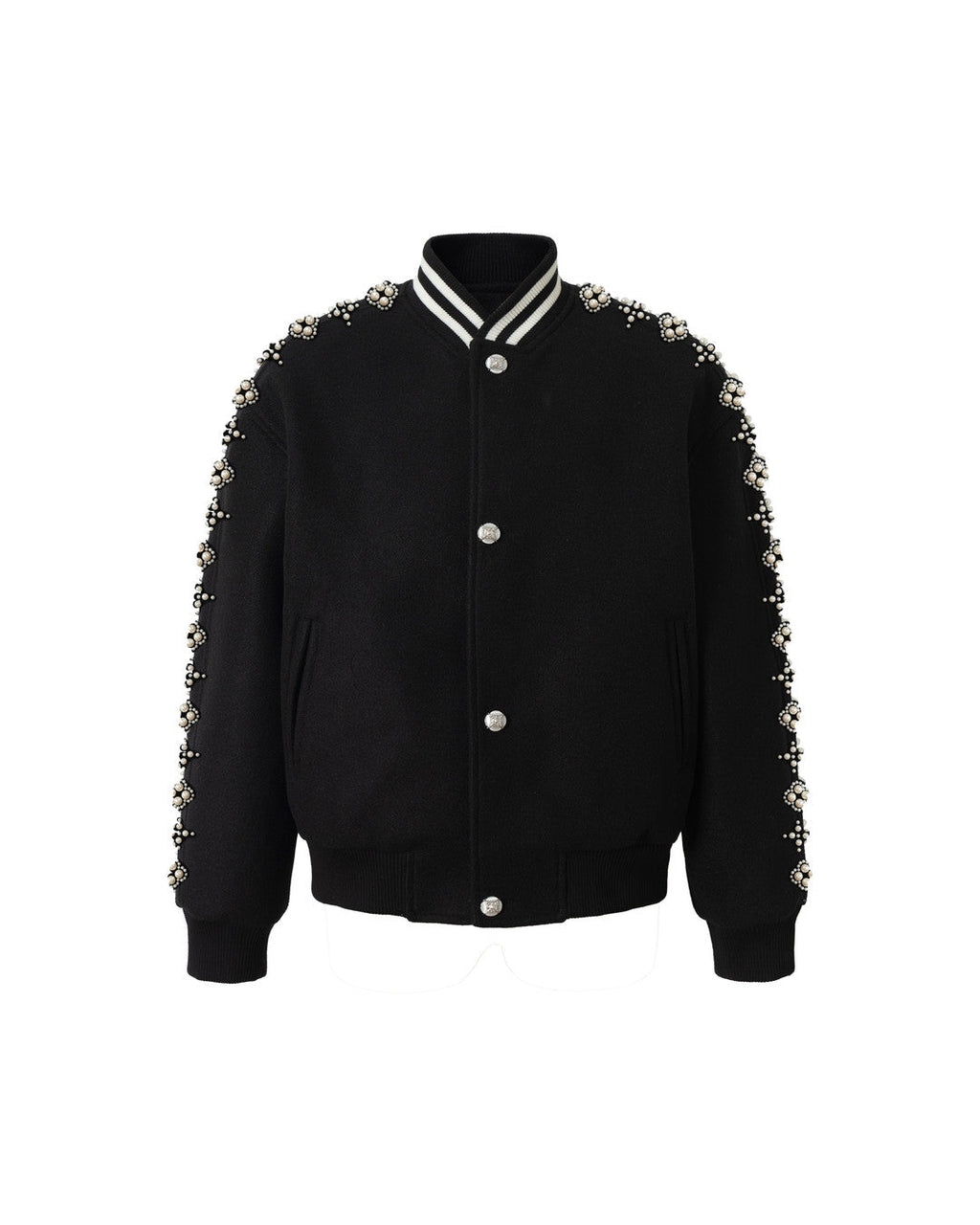 Pearl-Effect Beaded Varsity Jacket, Black product view on white background