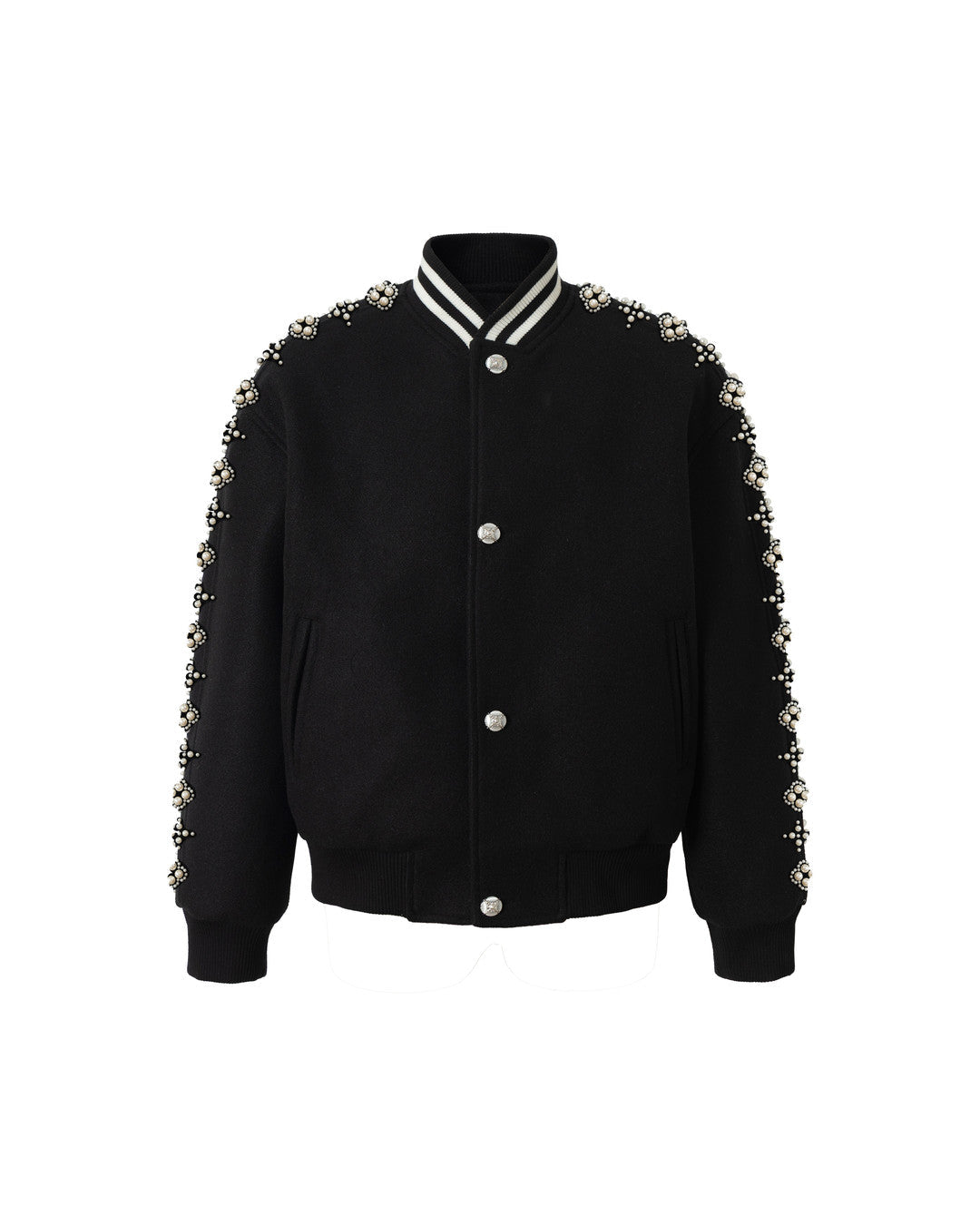 Pearl-Effect Beaded Varsity Jacket, Black product view on white background