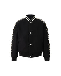 Pearl-Effect Beaded Varsity Jacket, Black product view on white background