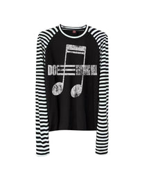 Music Note Striped Raglan Long-Sleeve T-Shirt, Black product view on white background