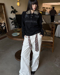 Faux-Fur Collar Long-Sleeve Polo worn on model, image 01