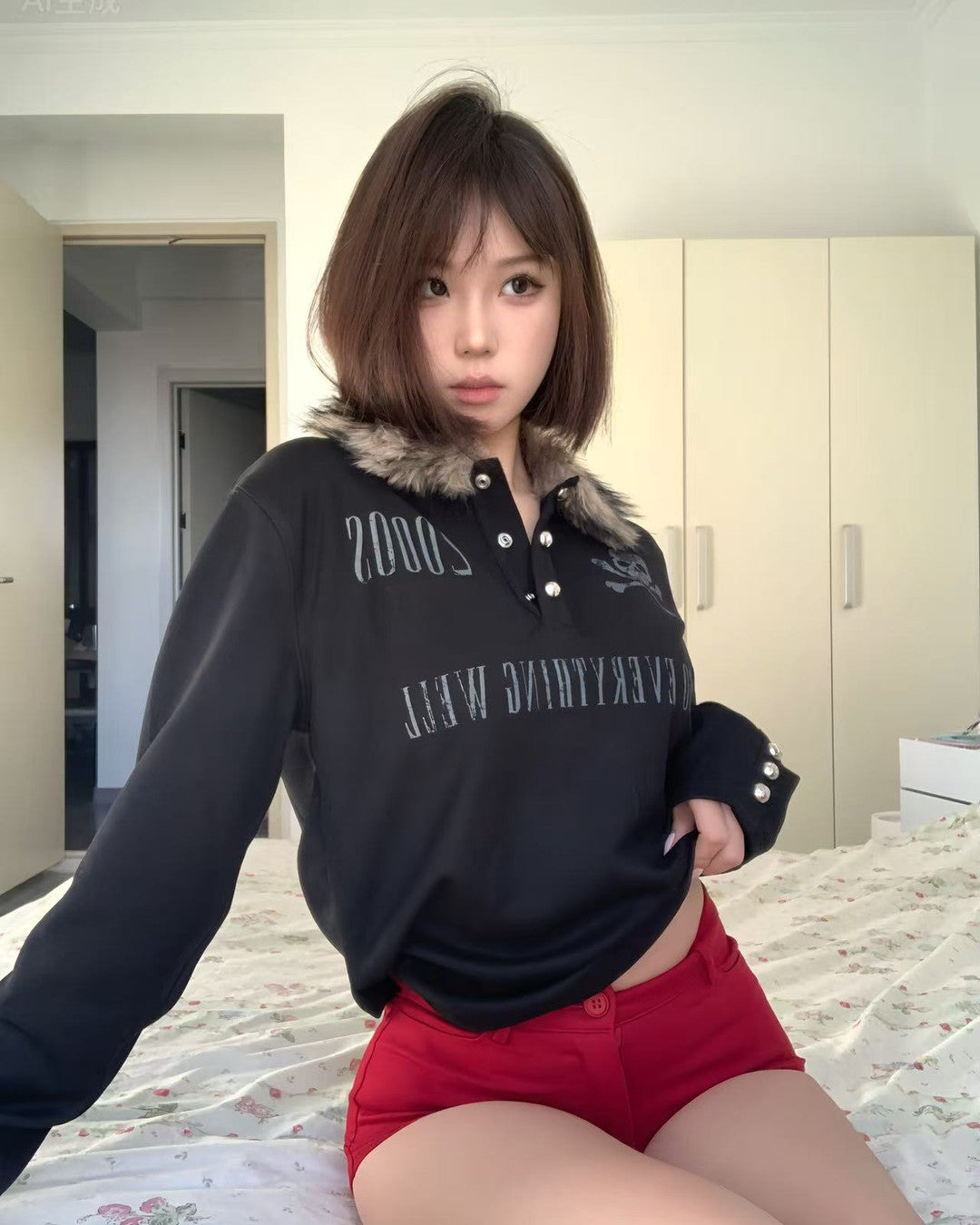 Faux-Fur Collar Long-Sleeve Polo worn on model, image 02