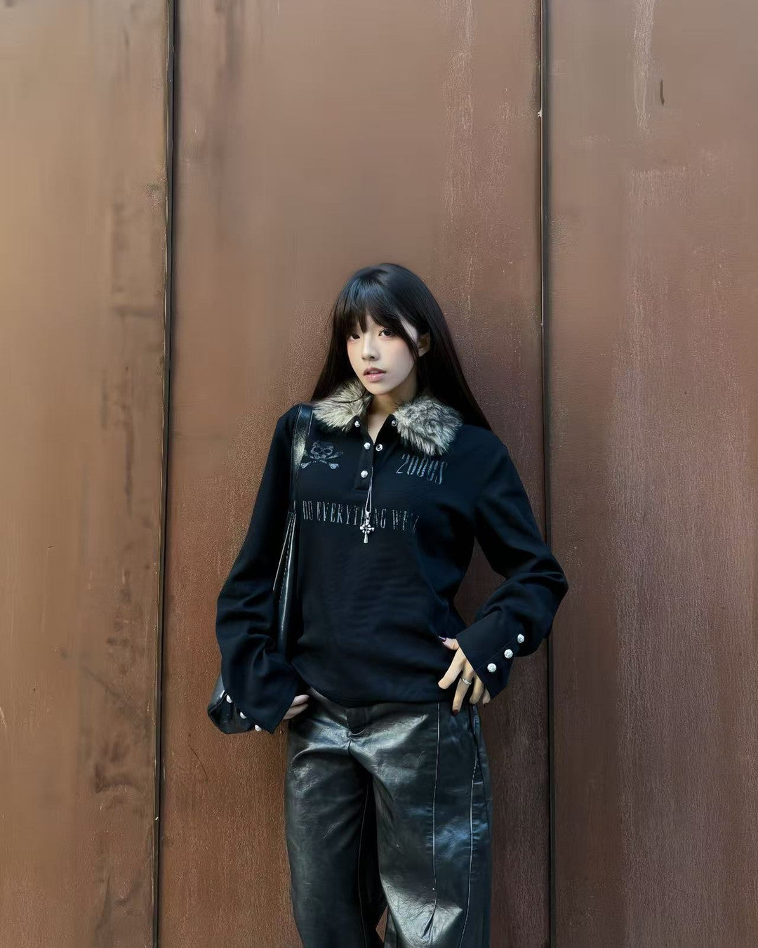 Faux-Fur Collar Long-Sleeve Polo worn on model, image 03