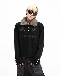 Faux-Fur Collar Long-Sleeve Polo worn on model, image 04