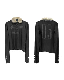 Faux-Fur Collar Long-Sleeve Polo, Black product view on white background