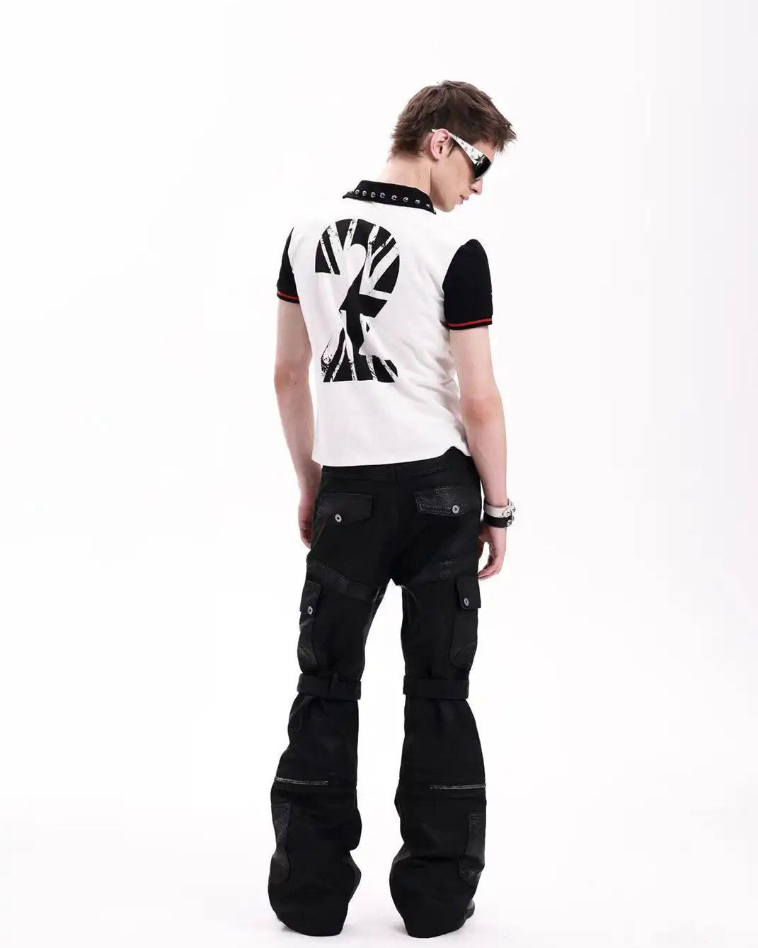 Contrast Skull Graphic Studded Polo worn on model, image 01