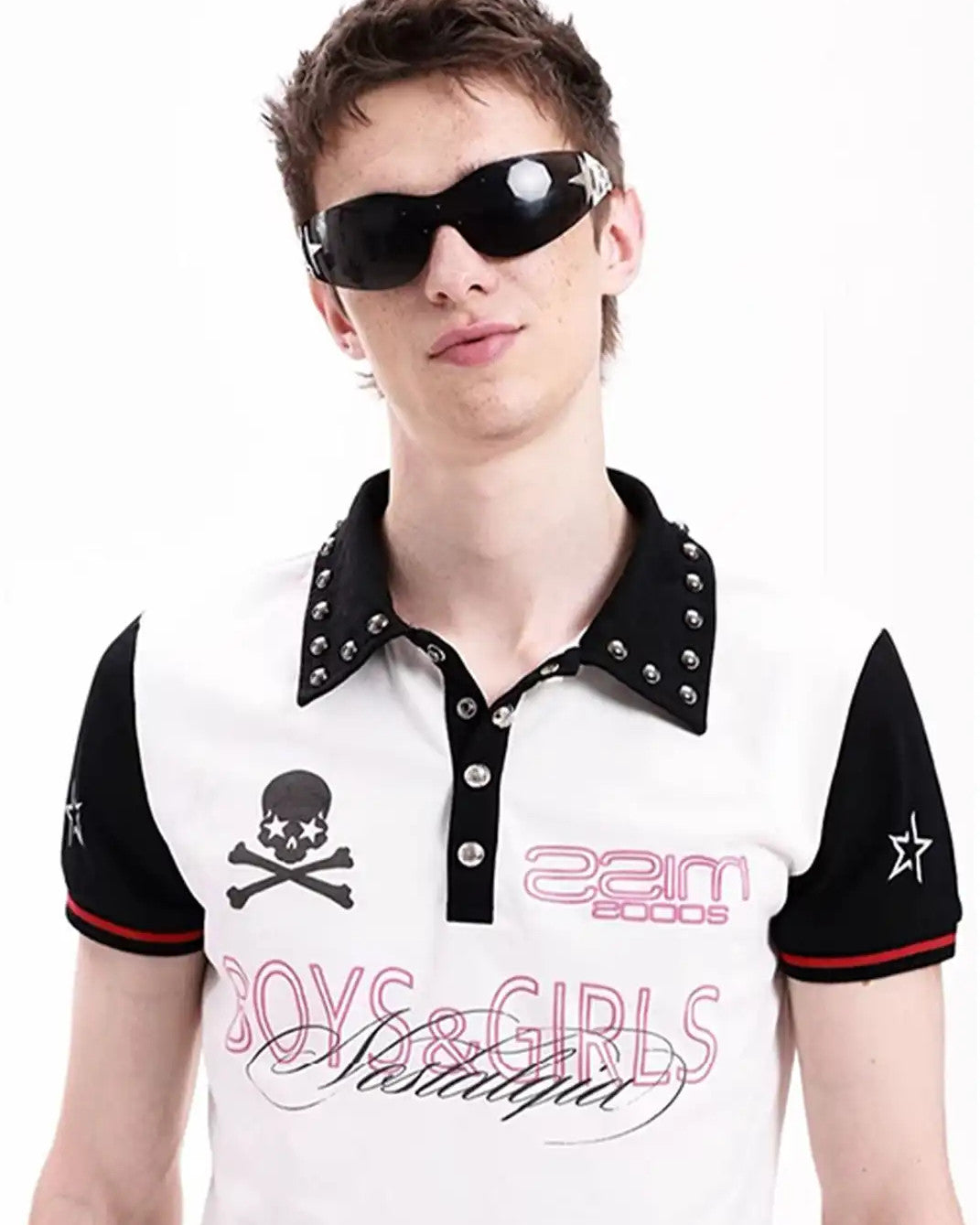 Contrast Skull Graphic Studded Polo worn on model, image 03