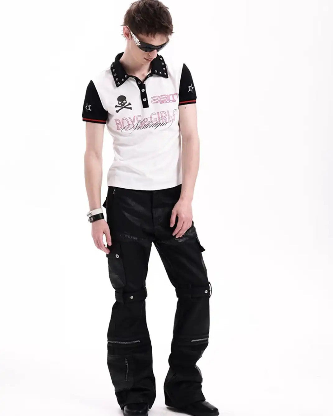 Contrast Skull Graphic Studded Polo worn on model, image 04