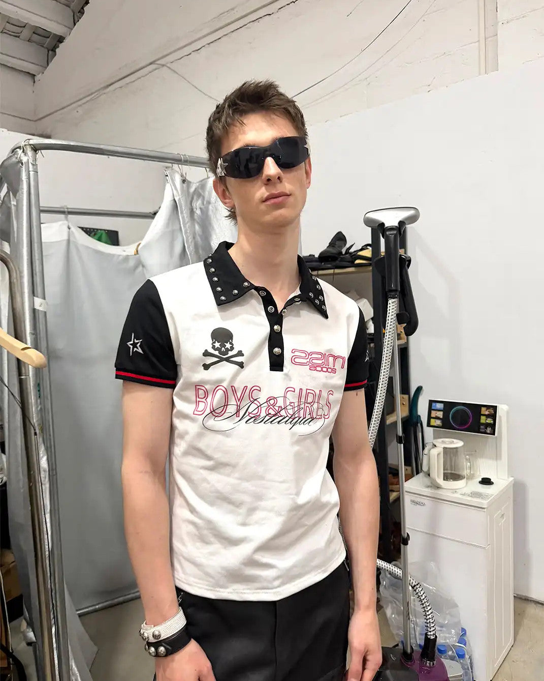 Contrast Skull Graphic Studded Polo worn on model, image 05