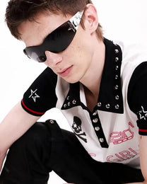 Contrast Skull Graphic Studded Polo worn on model, image 06
