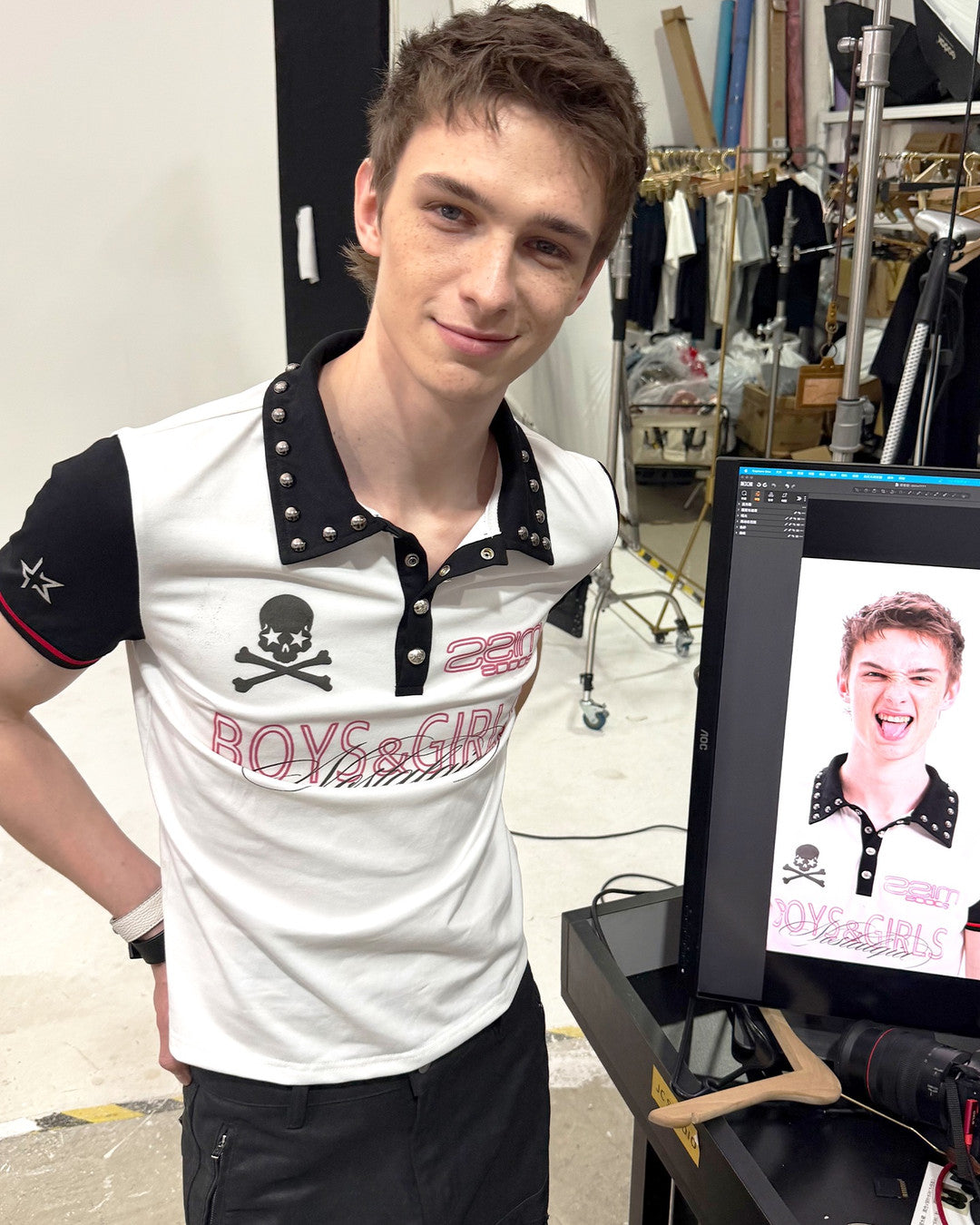 Contrast Skull Graphic Studded Polo worn on model, image 07