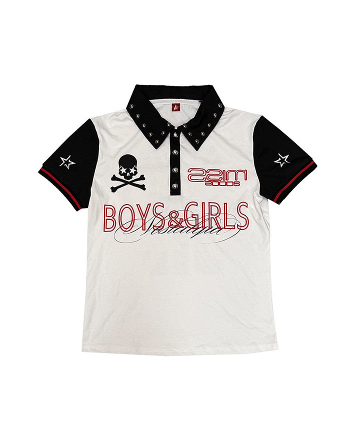 Contrast Skull Graphic Studded Polo, White product view on white background