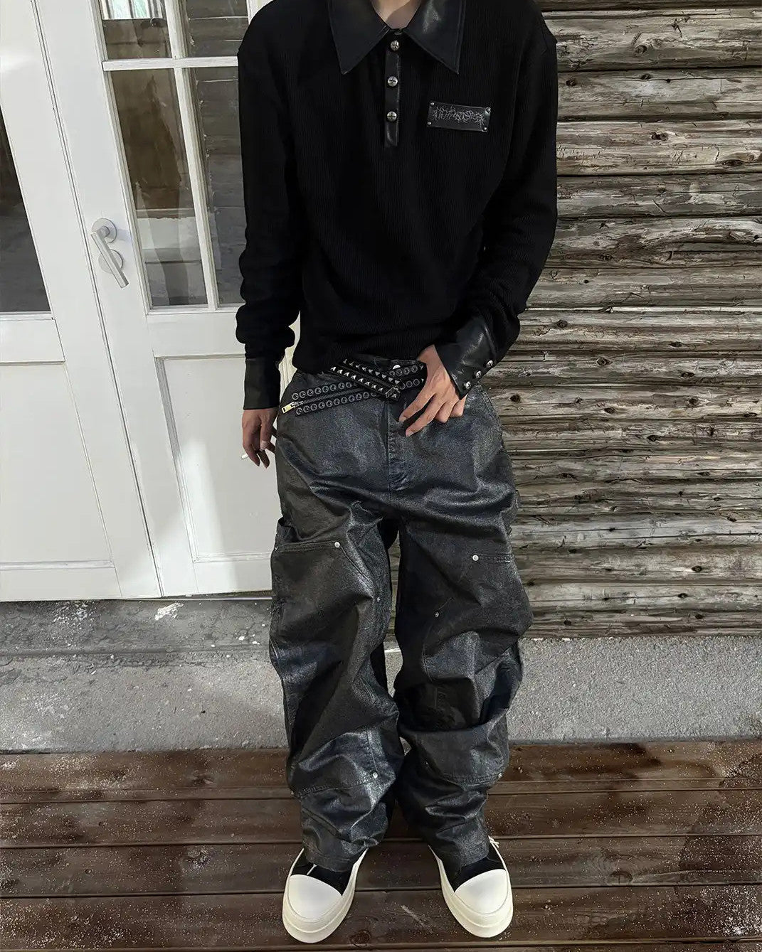 Studded Script Patch Long-Sleeve Polo worn on model, image 06