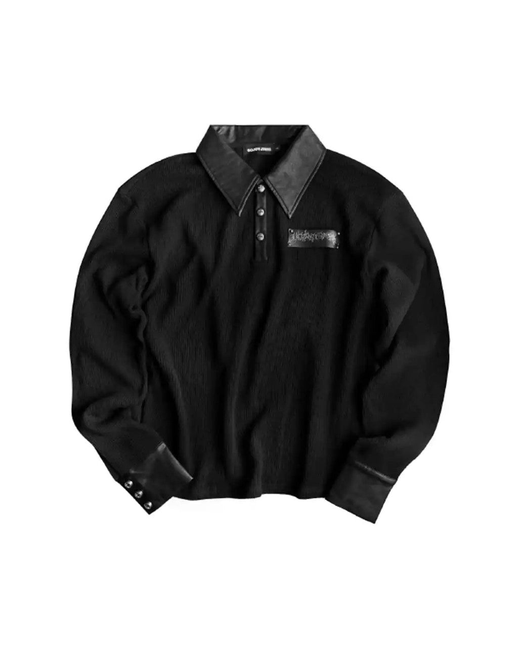 Studded Script Patch Long-Sleeve Polo, Black product view on white background