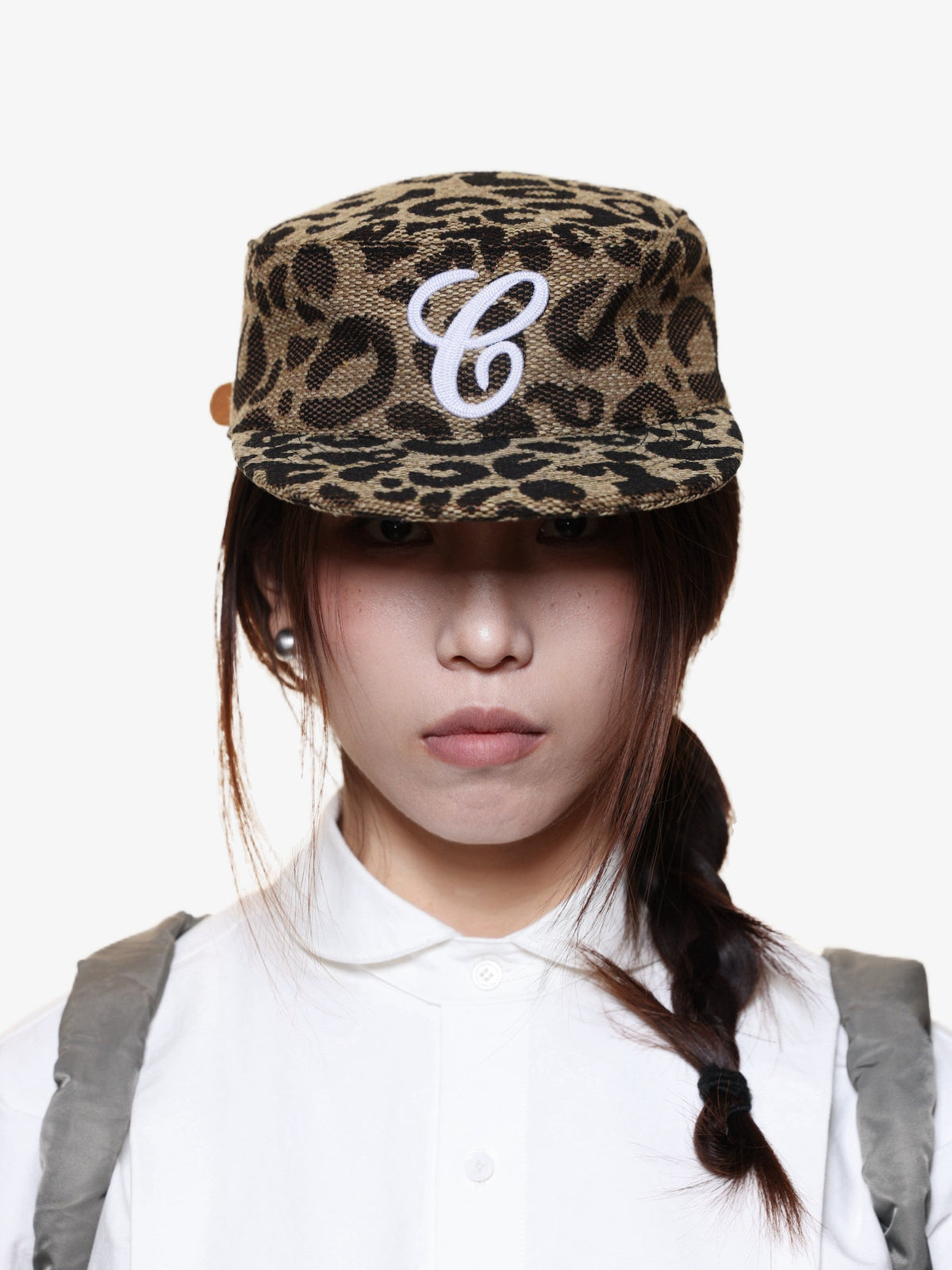 6CRAYON LEOPARD MONOGRAM FLAT TOP CAP; Brown Leopard; worn view