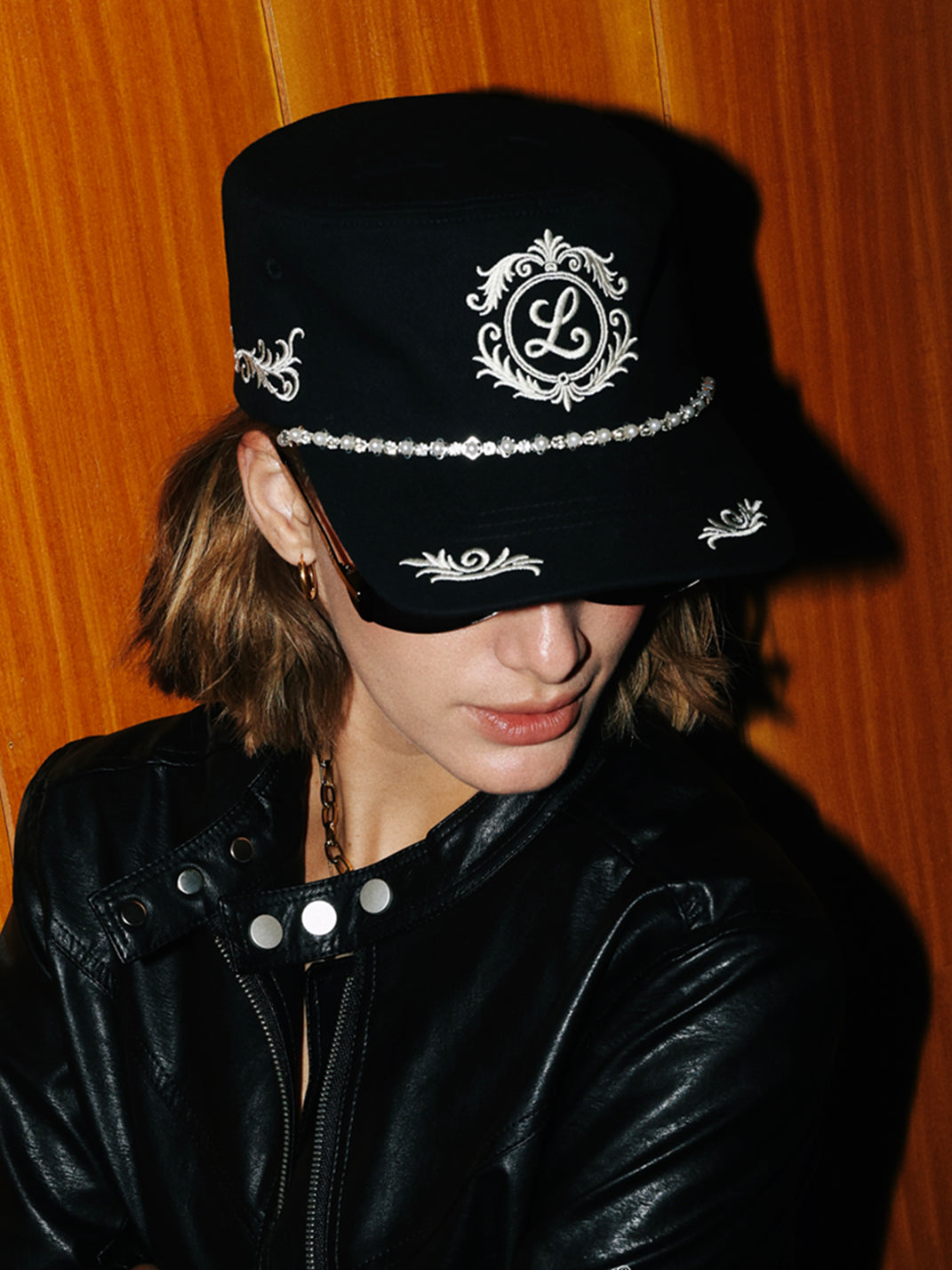 8LOME PEARL TRIM EMBROIDERED CAP; Black; worn view