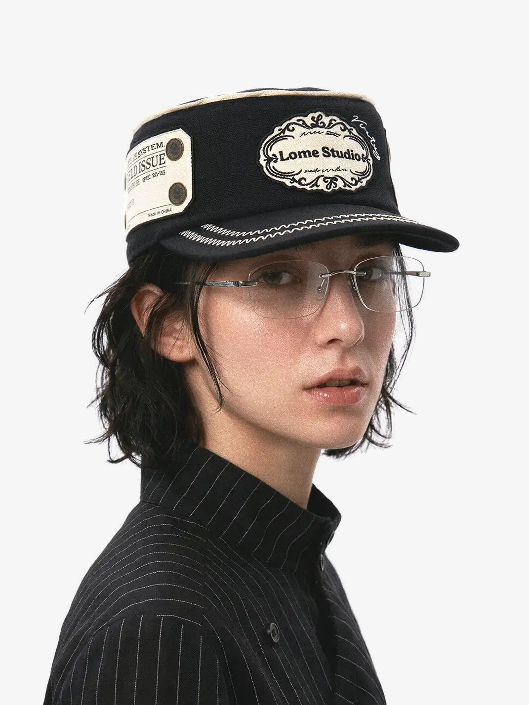 8LOME LABEL PATCH CADET CAP; Black; worn view