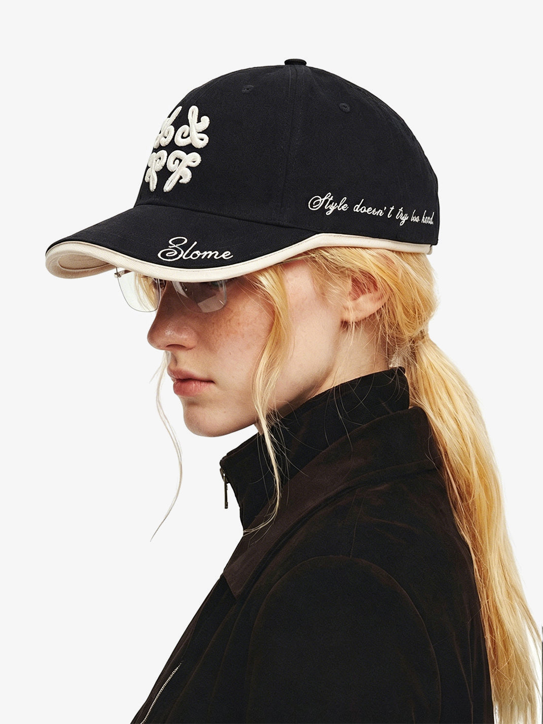 8LOME LAYERED BRIM BASEBALL CAP; Black; worn view