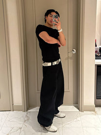 DND4DES SCROLL BUCKLE STUDDED BELT; White; worn view