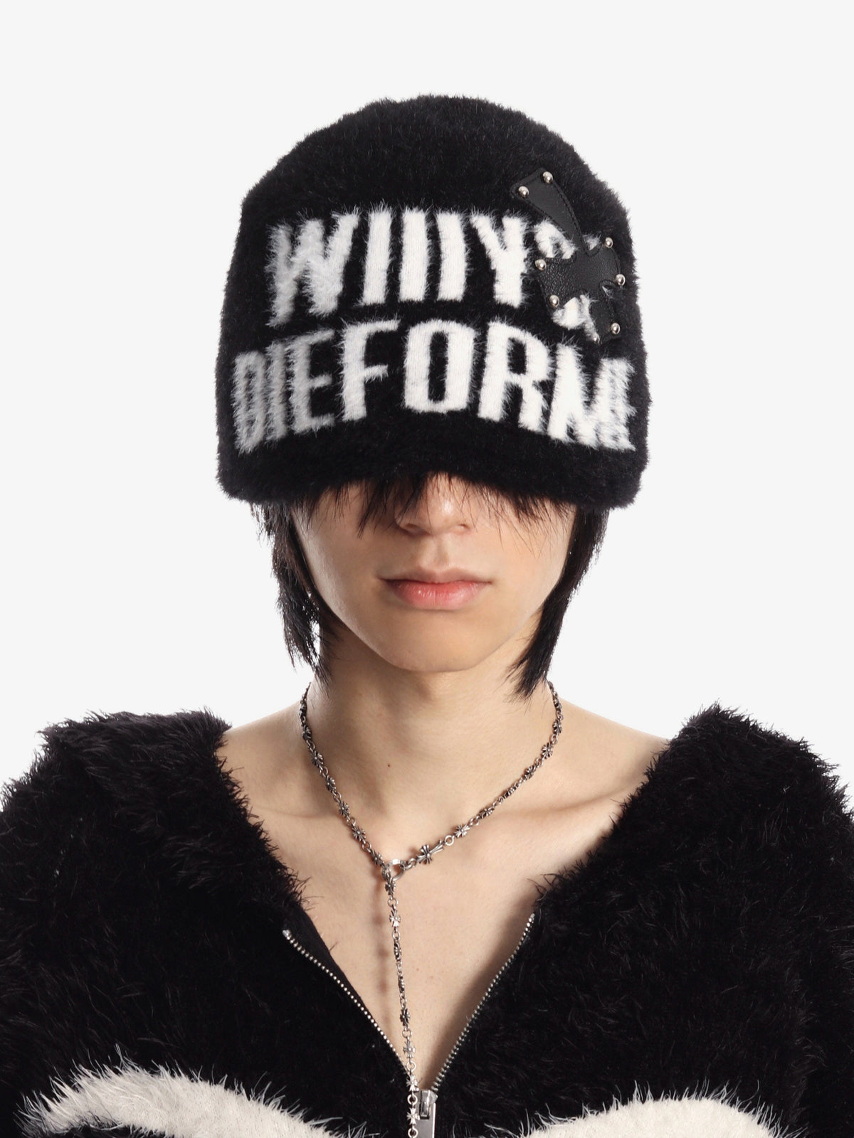 SEXXDEVIL LETTER GRAPHIC STUDDED BEANIE; Black; worn view