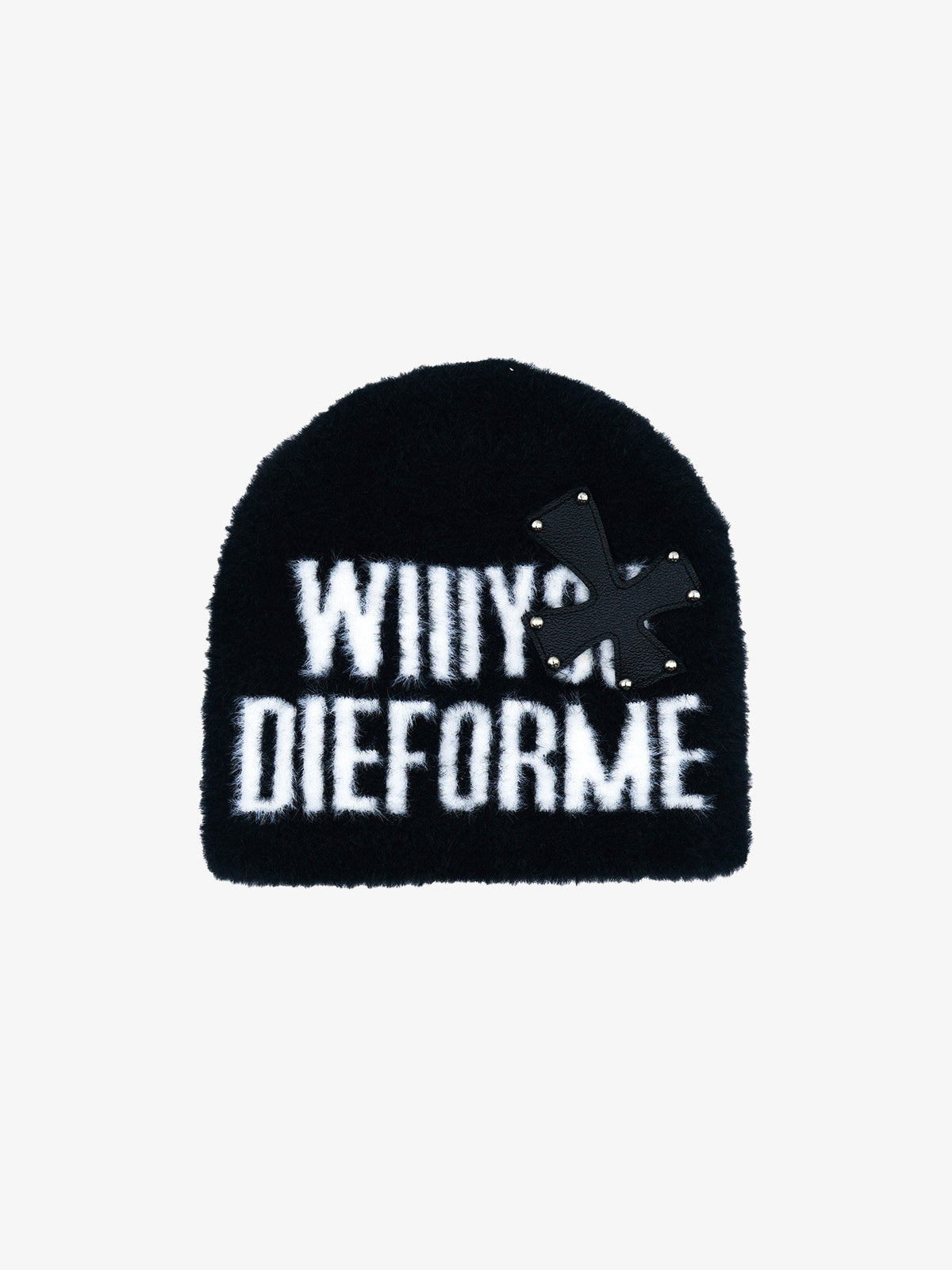 SEXXDEVIL LETTER GRAPHIC STUDDED BEANIE; Black; front product view