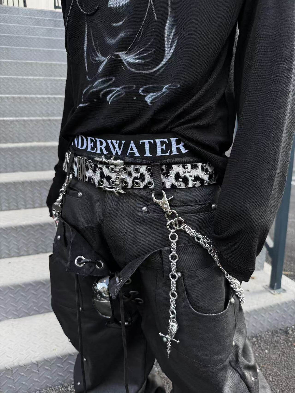 SEXXDEVIL LEOPARD STUDDED BUCKLE BELT; Gray; worn view