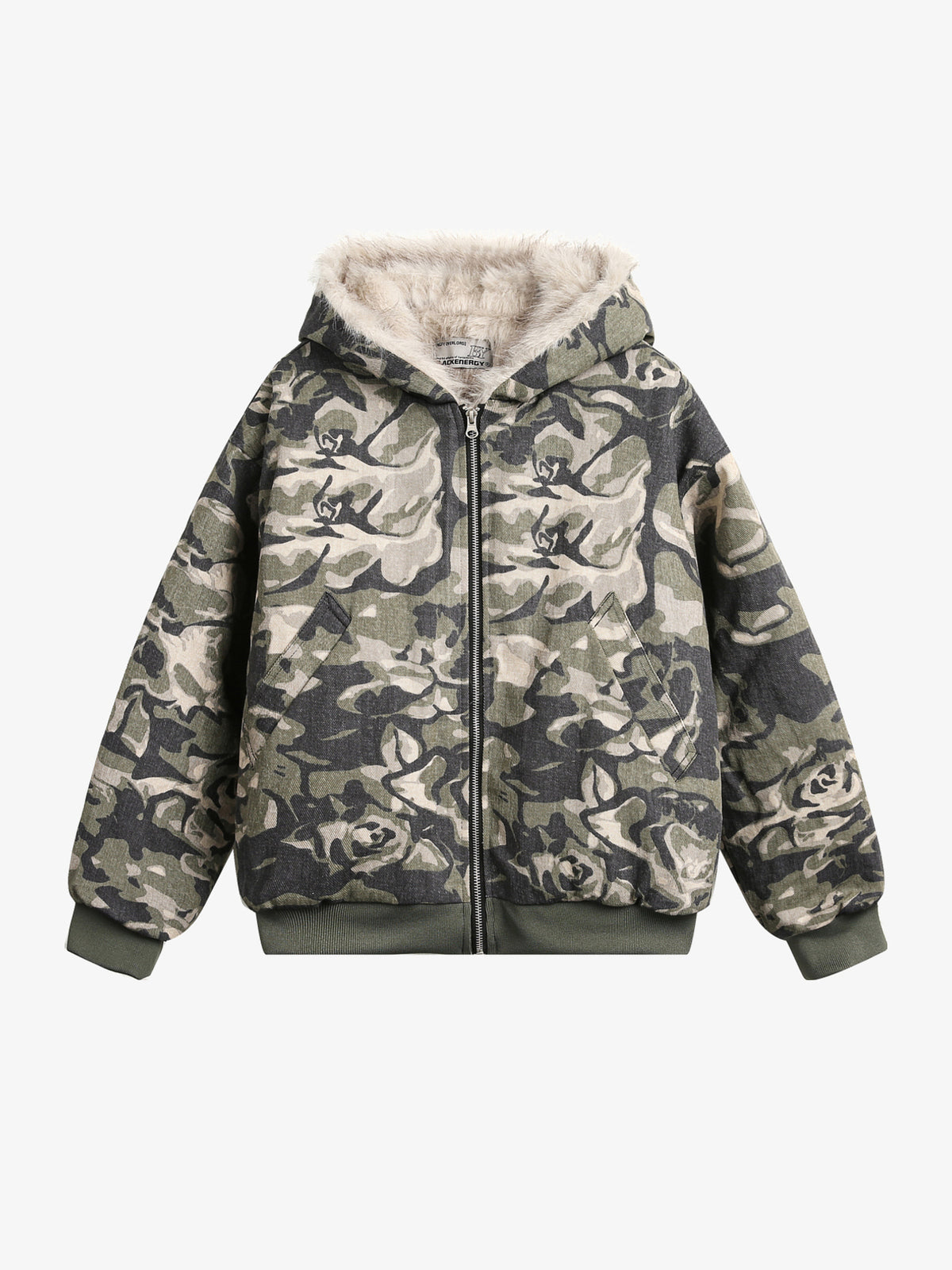 BLACK ENERGY FLORAL CAMO FUR HOOD JACKET; Camo; front view