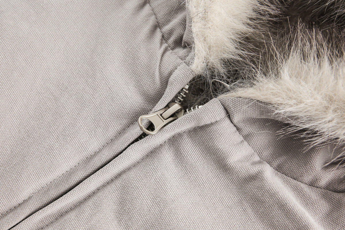 BLACK ENERGY QUILTED LINING FUR HOOD JACKET; Gray; garment construction detail