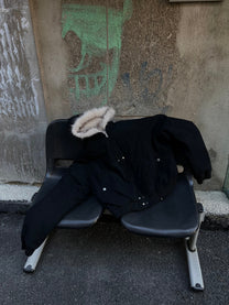 BLACK ENERGY QUILTED LINING FUR HOOD JACKET; Black; front view in a styled setting