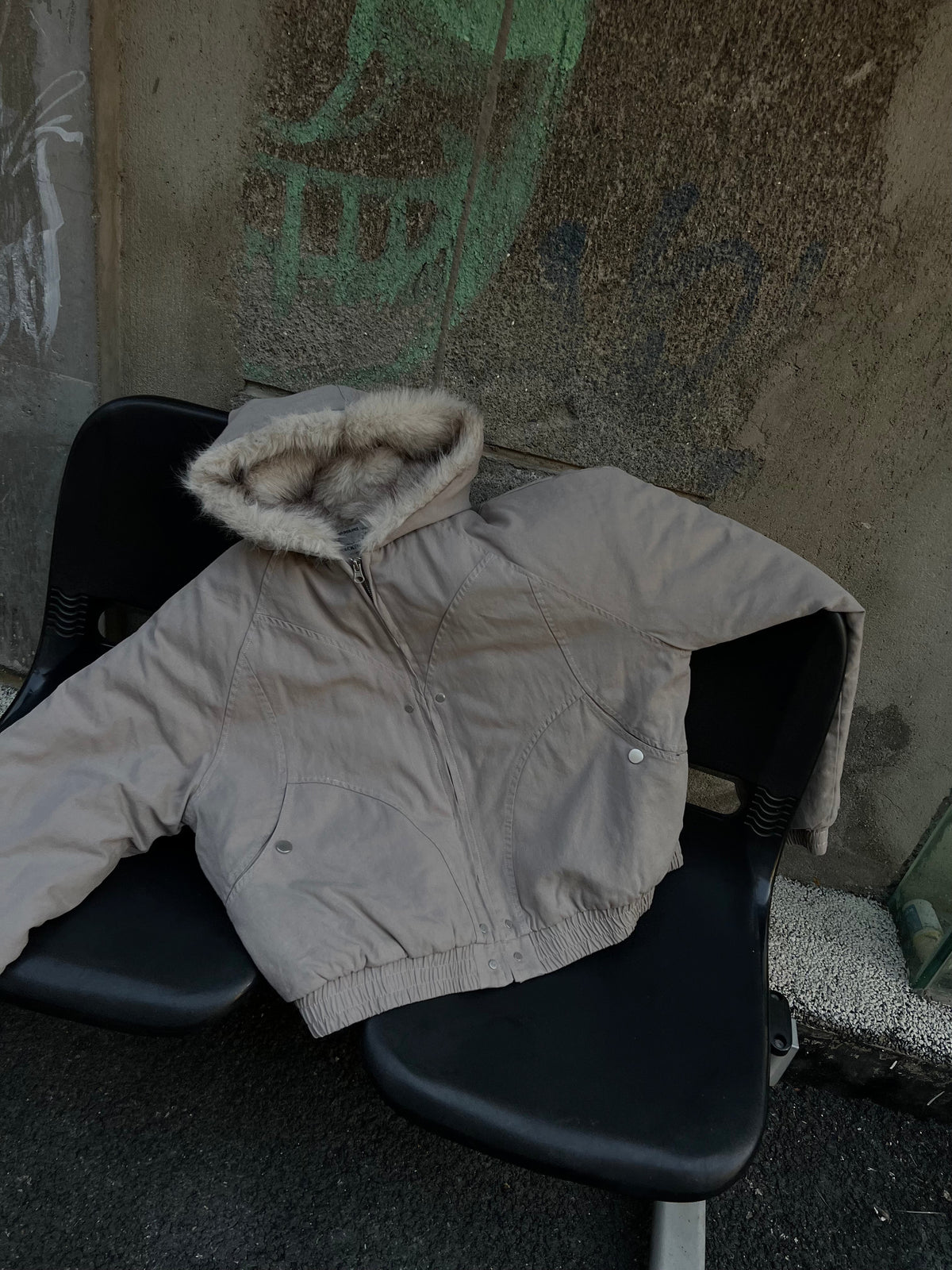 BLACK ENERGY QUILTED LINING FUR HOOD JACKET; Gray; front view in a styled setting
