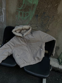 BLACK ENERGY QUILTED LINING FUR HOOD JACKET; Gray; front view in a styled setting