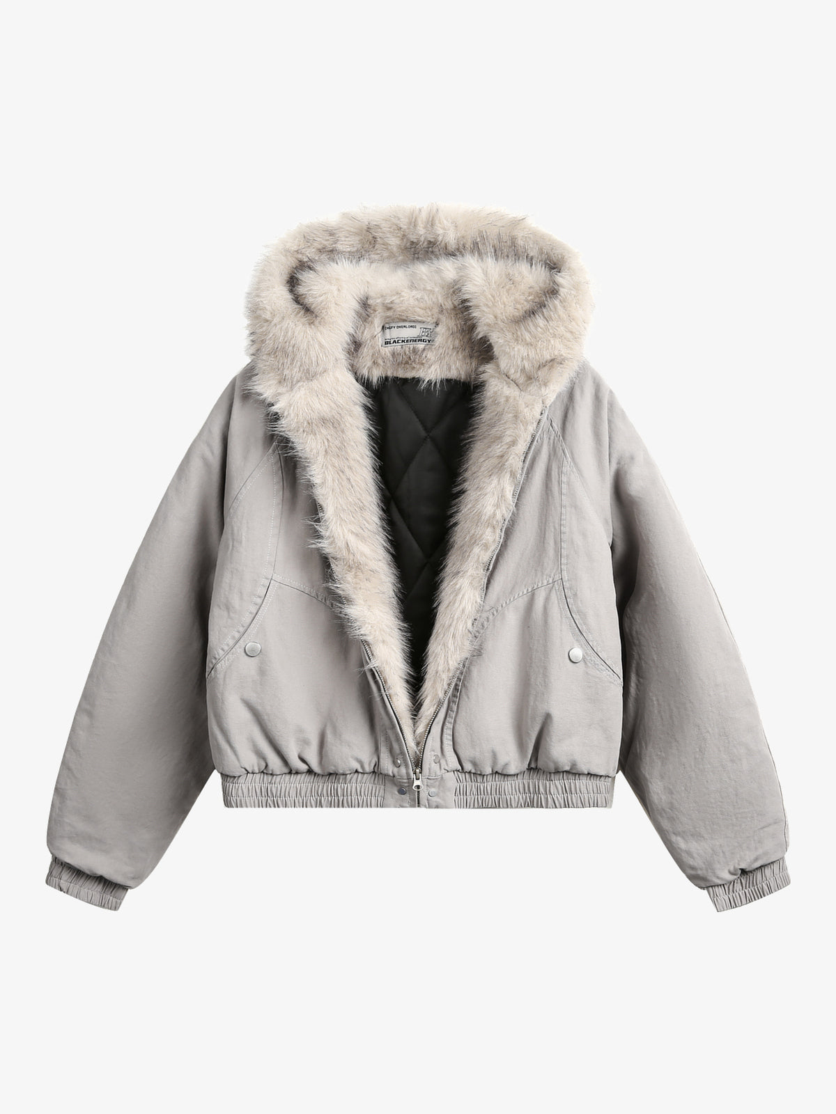 BLACK ENERGY QUILTED LINING FUR HOOD JACKET; Gray; front view
