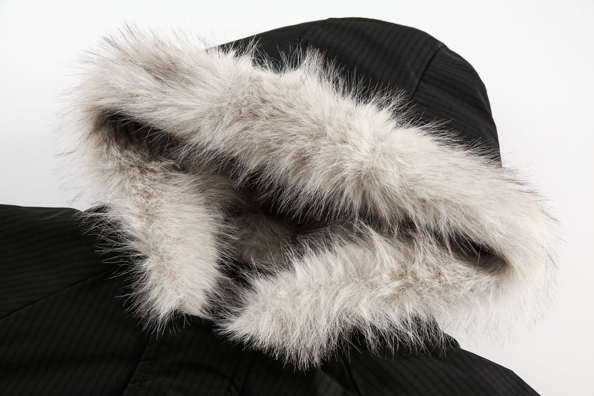 BLACK ENERGY CROSS EMBLEM FUR HOOD JACKET; Black; garment construction detail