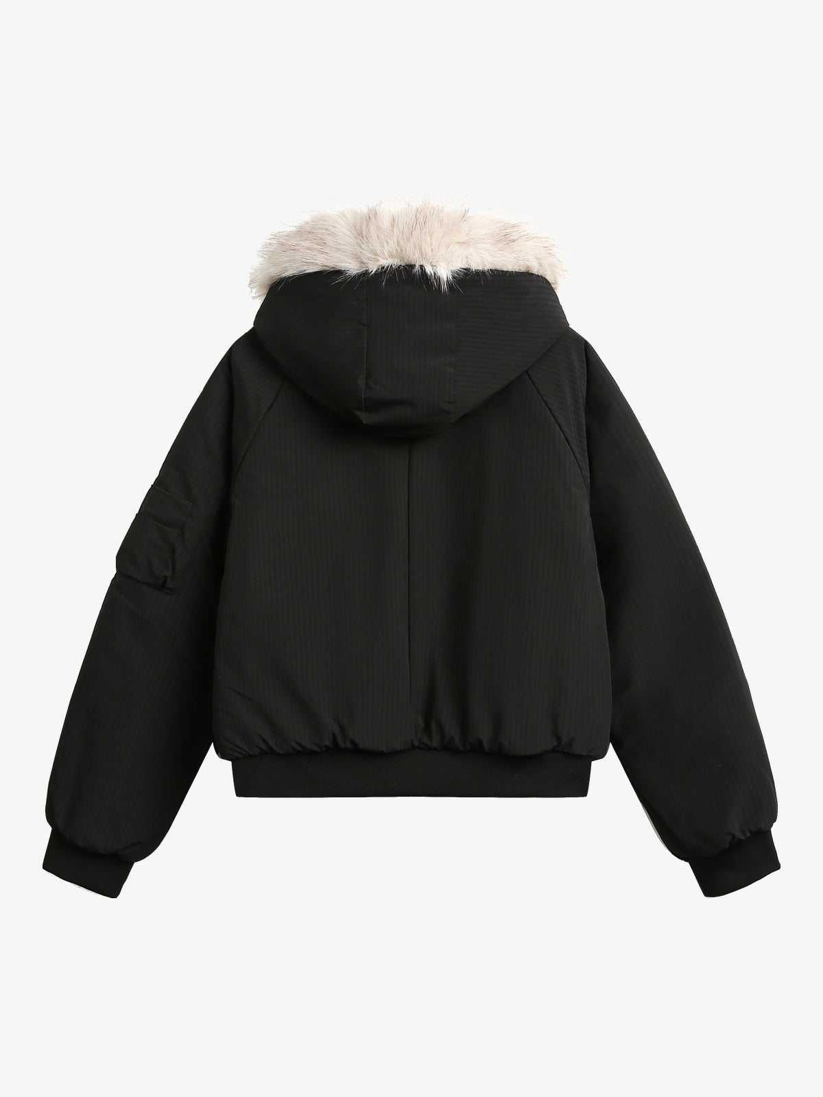 BLACK ENERGY CROSS EMBLEM FUR HOOD JACKET; Black; back view